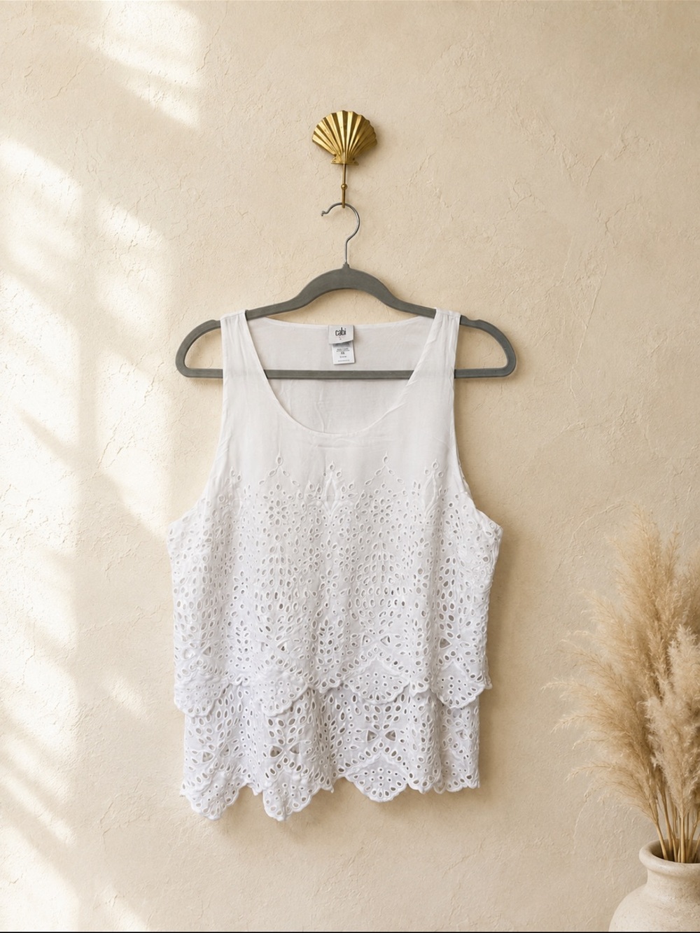 CAbi White Eyelet Layered Boho Sleeveless Classic Blouse Size L